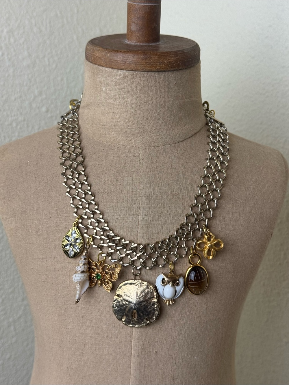 Upcycled Gold Tone Multi-Charm Statement Necklace